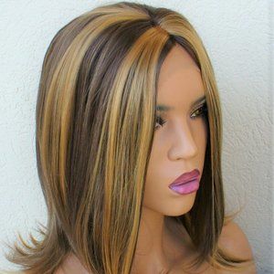 Brown with blonde streaks synthetic lace front wig